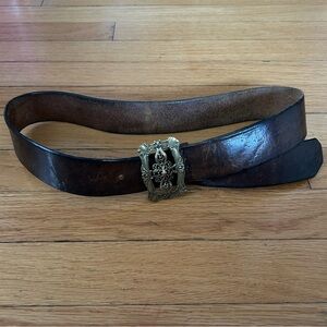 VTG Brown Leather Belt with Brass Gold Buckle